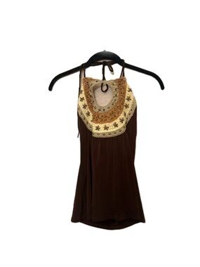 Y2K Women's Brown Halter Top with Embroidered Cream & Tan Crochet Neck Line